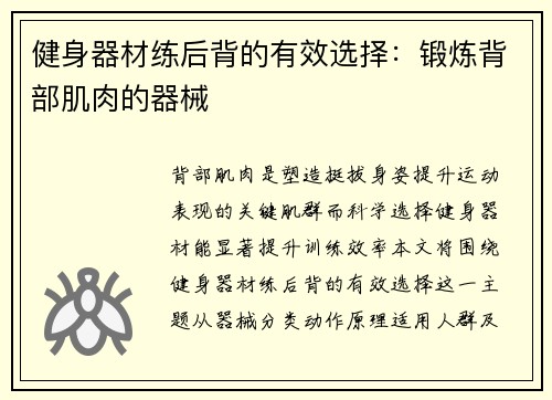 健身器材练后背的有效选择：锻炼背部肌肉的器械